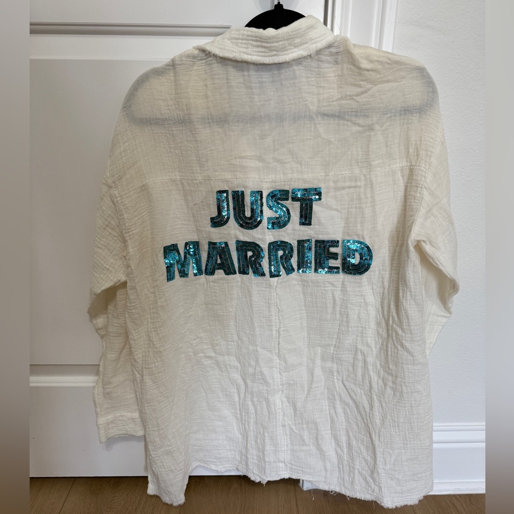 Sequin 'Just Married' button down cover up